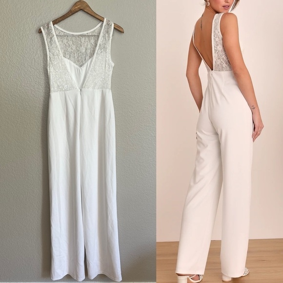 NWOT Romantic Inclinations White Lace Backless Wide-Leg Jumpsuit - Picture 3 of 9